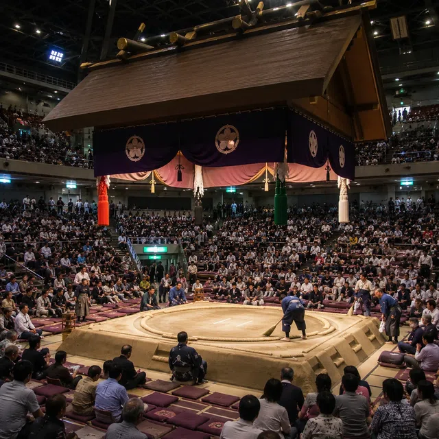 Maç öncesinde dairesel dohyō ringindeki iki sumo güreşçisi