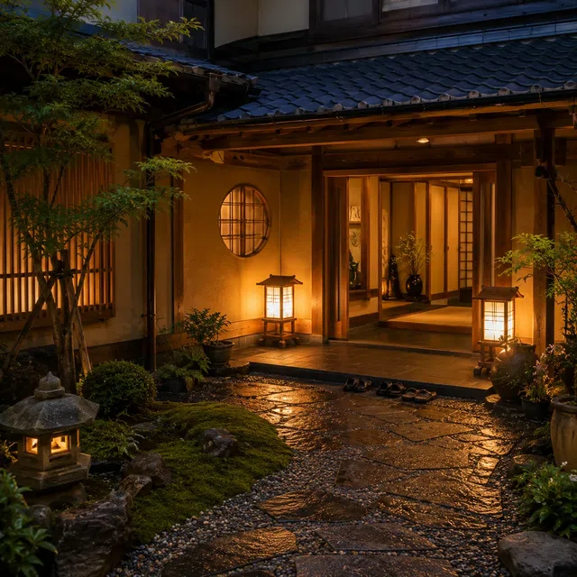 Fenerler ve bahçeyle gece görünen geleneksel Japon ryokanı
