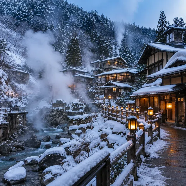 Buharlı sıcak kaynaklarıyla karlı Japon onsen kasabası