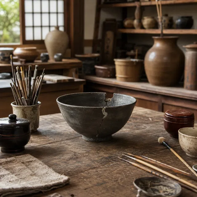 Cuenco de cerámica roto en un taller de estilo japonés
