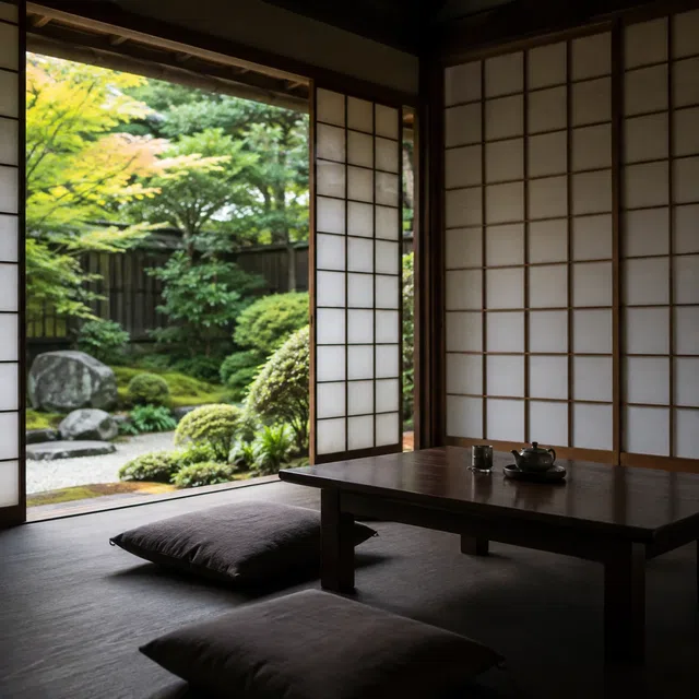 Tatami matları, shoji kapıları ve alçak masası olan Japon odası