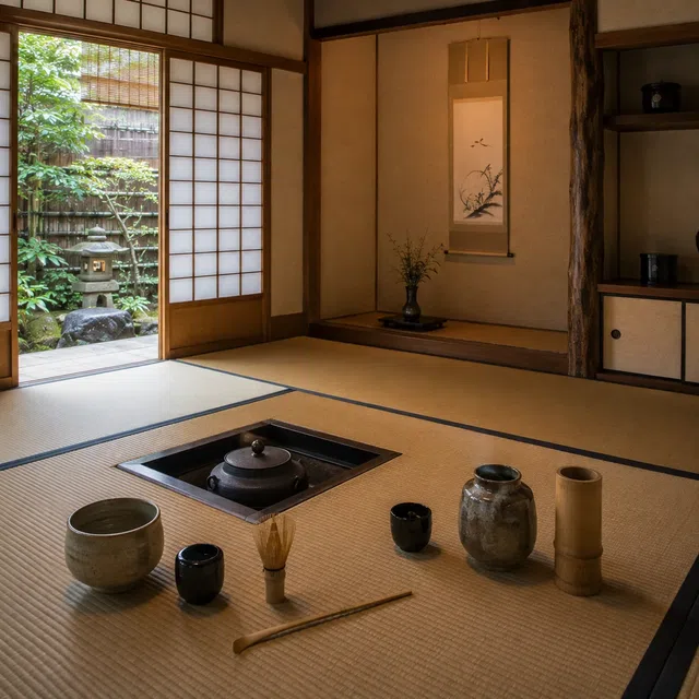 Sala da tè giapponese con ciotola per matcha, frullino di bambù e tatami