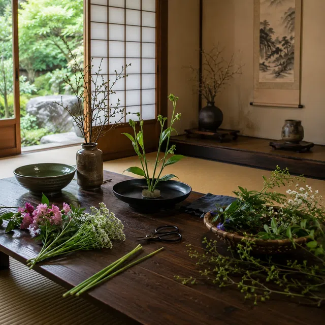 Table de travail avec fleurs, branches et composition florale traditionnelle en cours dans une pièce japonaise