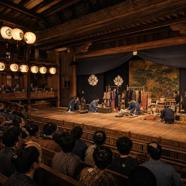 Historisch Japans theaterpodium met publiek, lantaarns en acteurs
