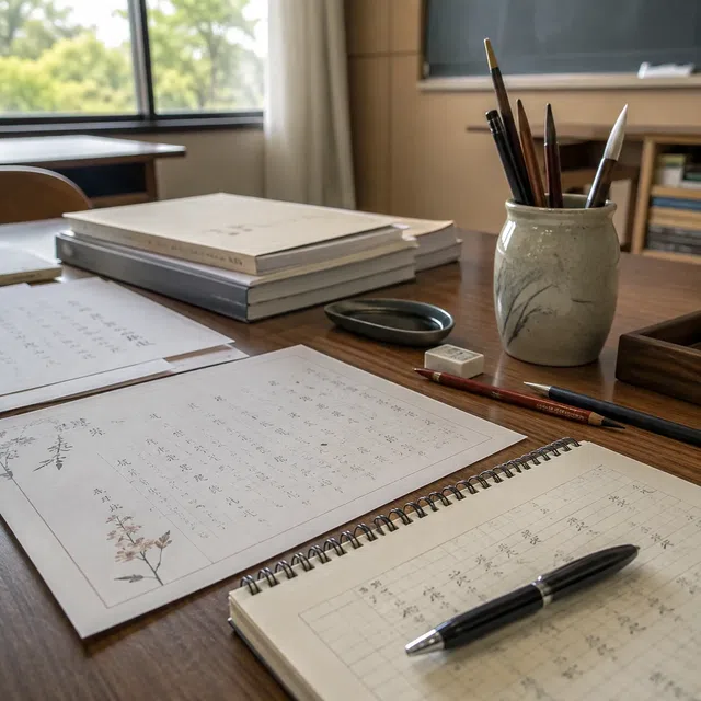 Feuilles d’écriture japonaise, livres et pinceaux sur un bureau