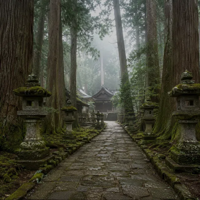 苔むした森の中にある日本の神社へ続く石畳の道