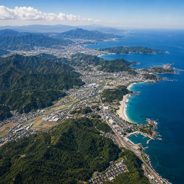 Flygbild över ett japanskt kustlandskap med berg, städer, vikar och hav