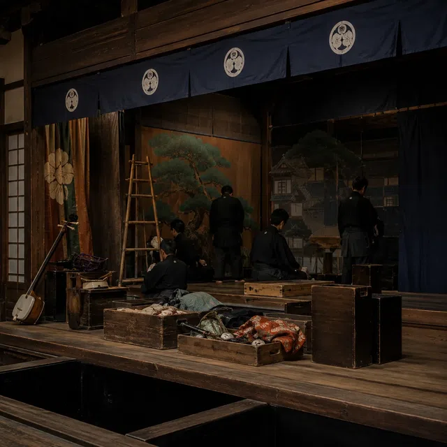 Scène de théâtre japonaise avec shamisen et accessoires de marionnettes devant des décors peints