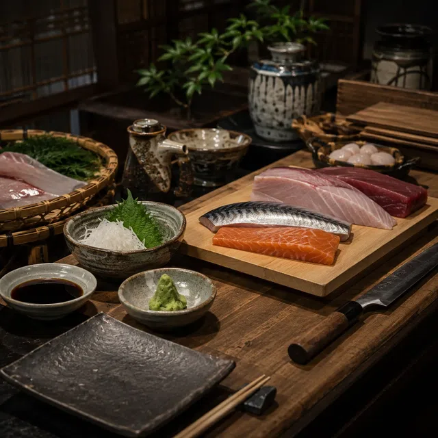 Plan de travail dans une cuisine japonaise avec poisson cru, planche, couteau, daikon et wasabi