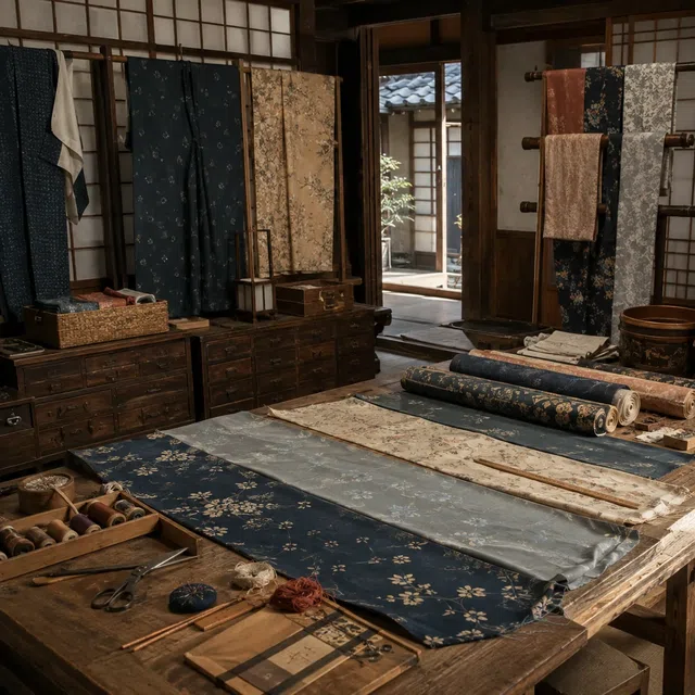 Traditional Japanese workshop with fabric bolts, sewing tools and kimono patterns