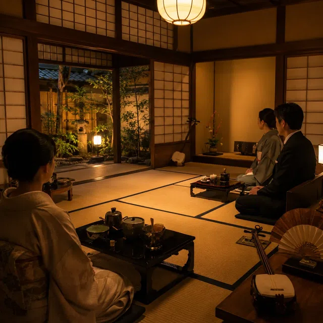 Çay araçları, shamisen ve geleneksel eğlence toplantısındaki konuklarla Japon tatami odası