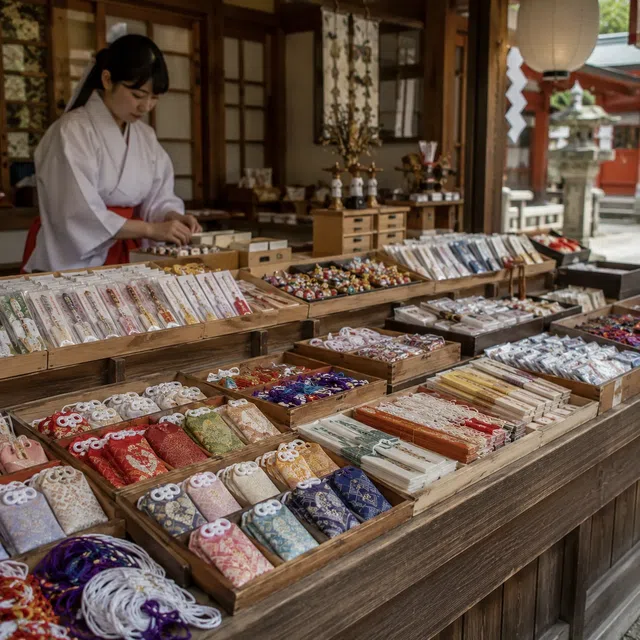 Japon tapınağında çok sayıda renkli omamori ve başka dini hatıralar bulunan tezgah