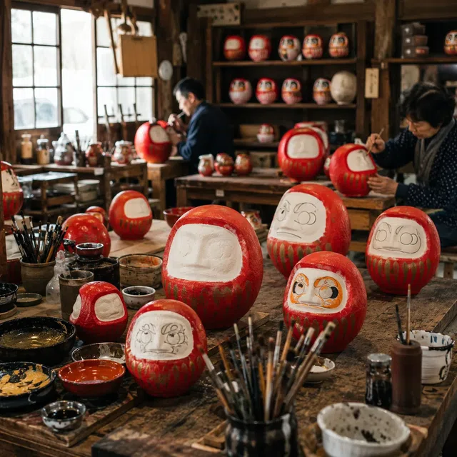 Bengkel dengan banyak boneka Daruma merah, kuas, dan perajin yang sedang melukisnya