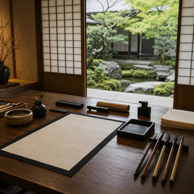 Japansk kalligrafiplats med penslar, svart tusch, papper och utsikt mot en trädgård