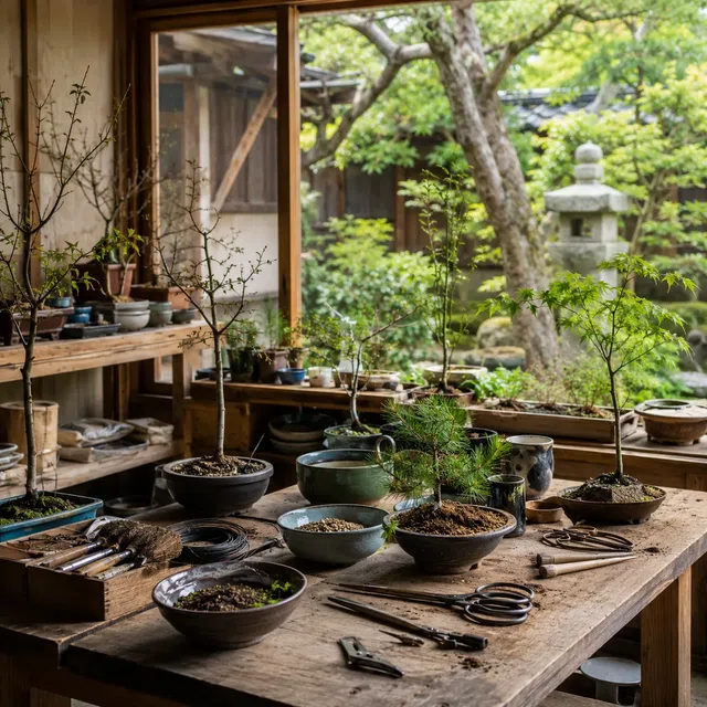 Pracownia bonsai z małymi drzewami w donicach, narzędziami i widokiem na japoński ogród