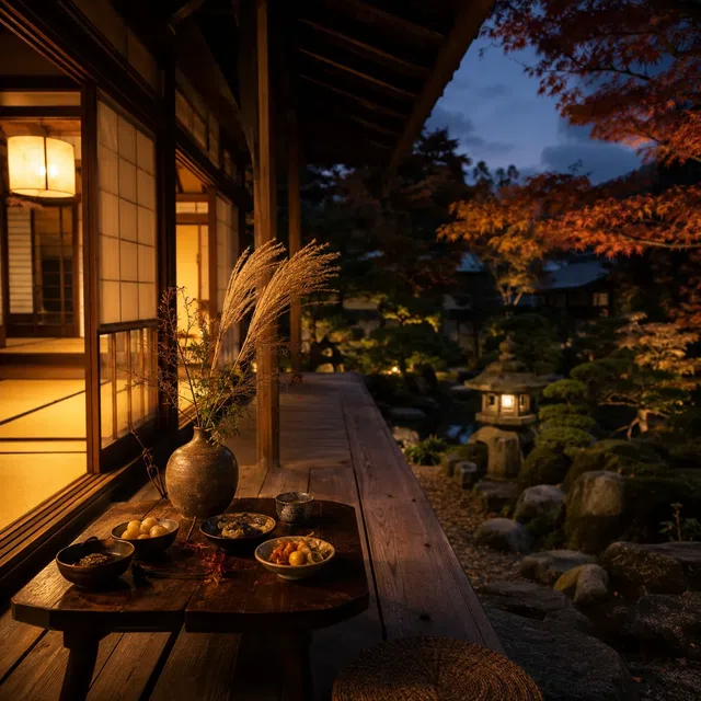 Verandada dango, pampas otu ve ay simgeleriyle Japon sonbahar akşamı