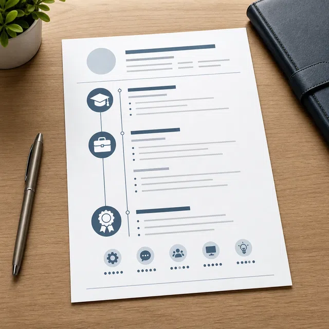 Ilustración original de un documento profesional con símbolos de estudio, empleo y certificados.