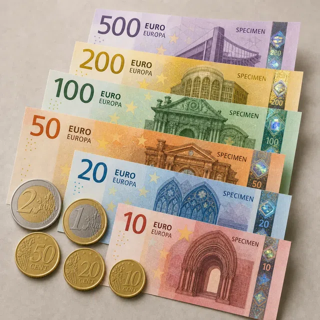 Originale Stillleben-Illustration fiktiver Euro-Banknoten und Münzen mit lesbarer Specimen-Beschriftung