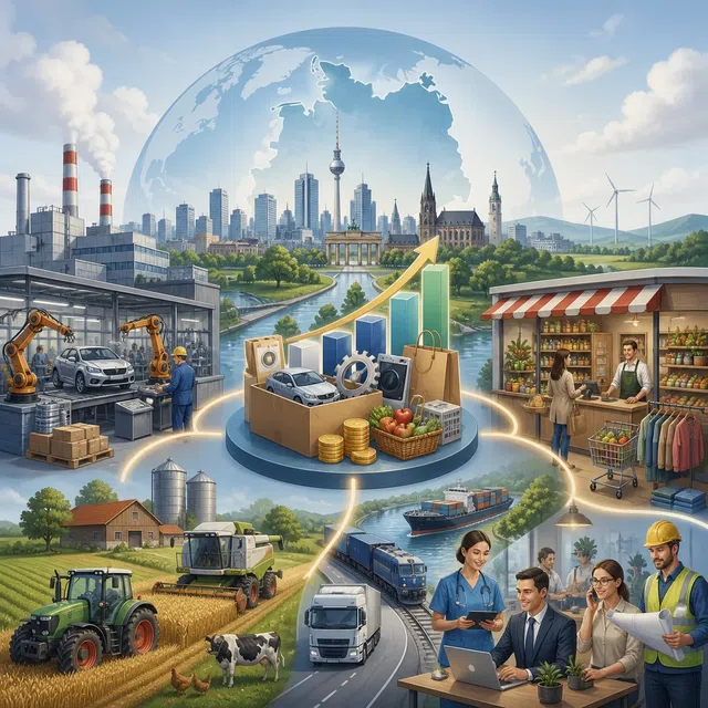 Illustration économique originale montrant l'industrie, l'agriculture, le commerce et les services d'une économie