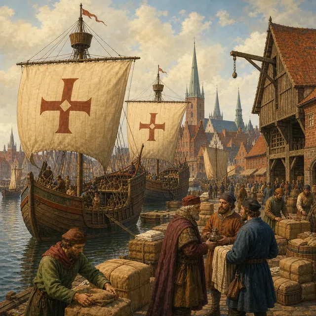 Illustration historique originale de navires marchands et de commerçants de la Hanse dans un port