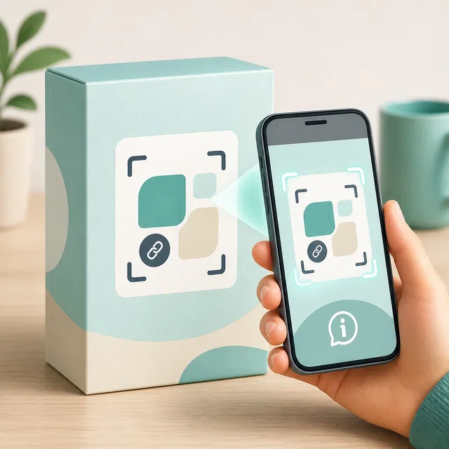 Illustration originale d'un produit générique avec un symbole de scan abstrait sans vrai QR code et un smartphone
