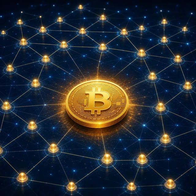 Ilustração original de uma moeda Bitcoin dourada em uma rede descentralizada