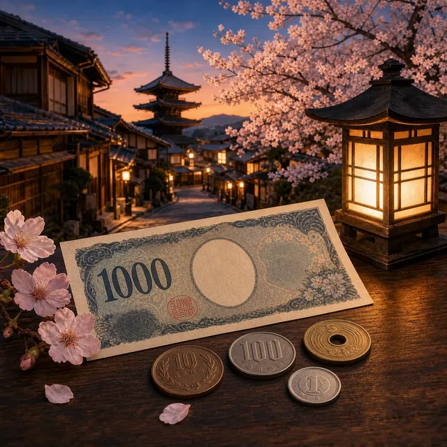 Illustration originale de la monnaie japonaise à côté d'une rue tranquille du soir japonais