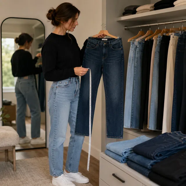 Mètre ruban le long de la couture intérieure d’un pantalon, de l’entrejambe à la cheville