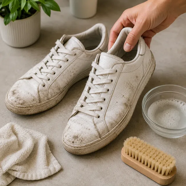 Chaussures blanches en cours d’entretien