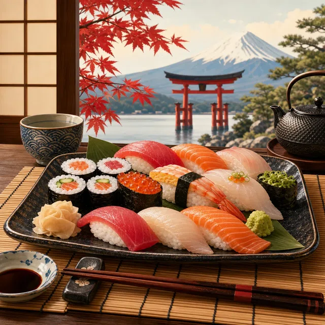 Illustration originale d'un assortiment de petits pains de riz et de poisson cru sur une table soigneusement disposée