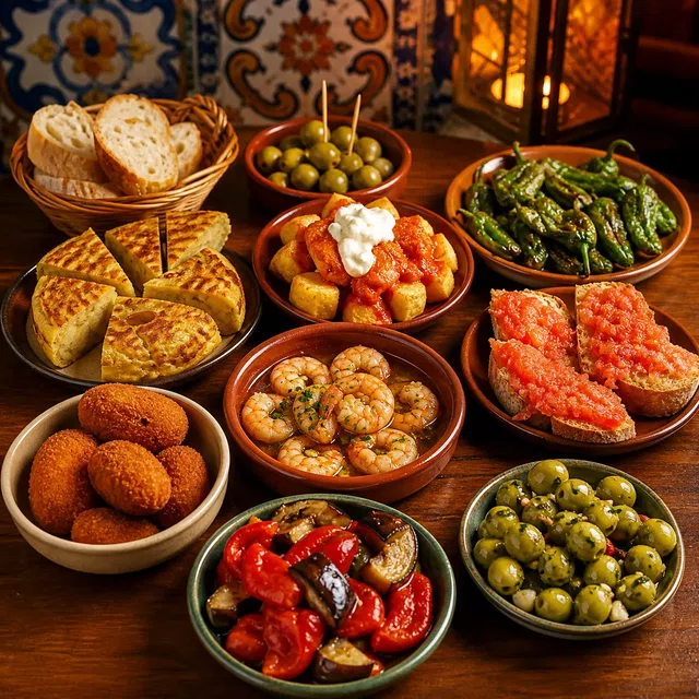 Küçük tabaklarda sunulan çeşitli İspanyol tapaslarının özgün görüntüsü