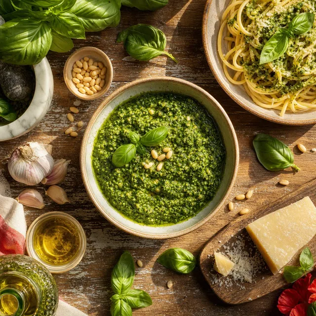围绕“Pesto alla Genovese 与哪座意大利城市有关”这一主题的无文字原创插图