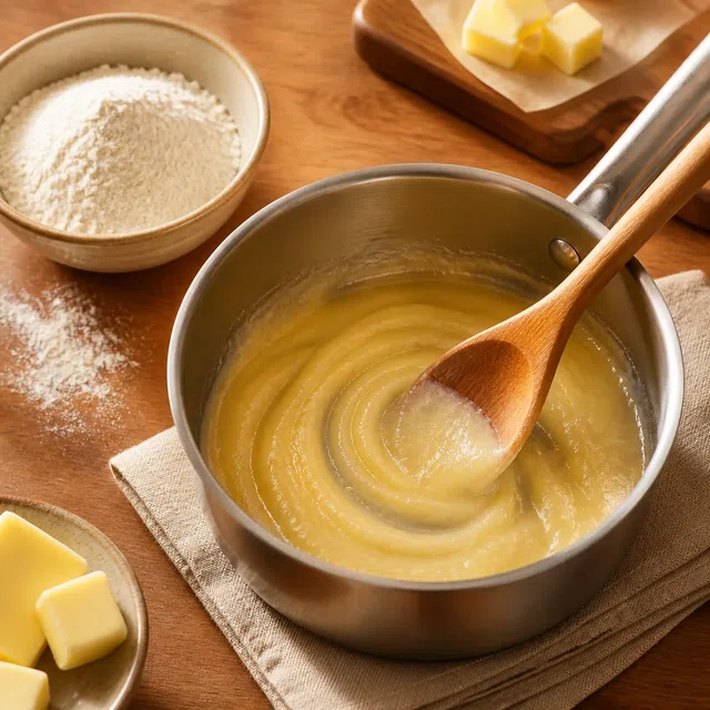 Illustration originale d'un mélange pâle et épaississant agité dans une casserole