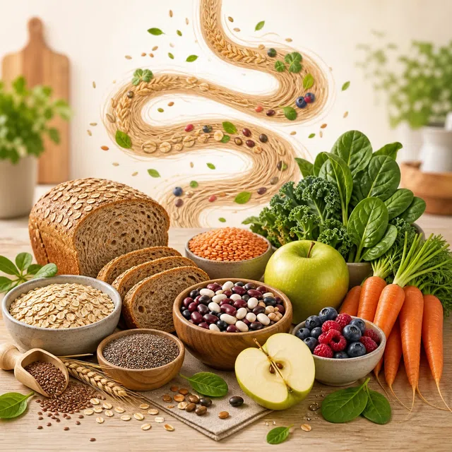 Illustration originale de grains entiers, de légumineuses et de légumes à côté d'un symbole du système digestif