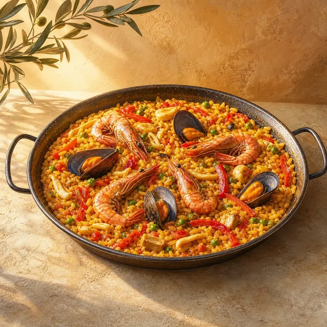 围绕“海鲜饭 Paella 起源于哪个国家”这一主题的无文字原创插图