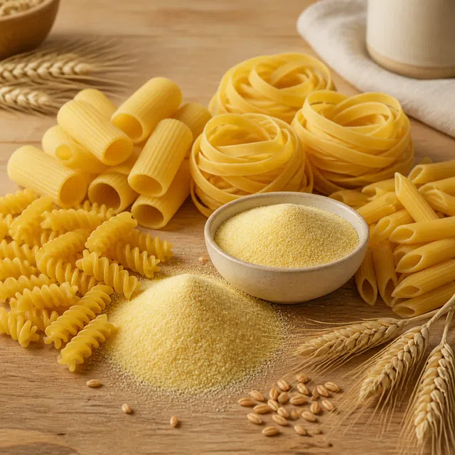 Ilustrasi makanan asli yang realistis dari pasta kering, semolina emas, dan kuping biji-bijian di meja dapur