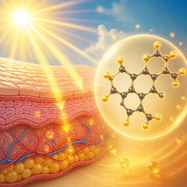 Ilustração médica original da luz solar, da pele e de uma molécula abstrata de vitamina