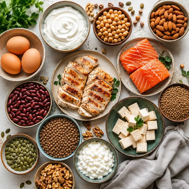 Aliments riches en protéines comme les œufs, le yaourt, les légumineuses, les noix, le poisson, la volaille et le tofu