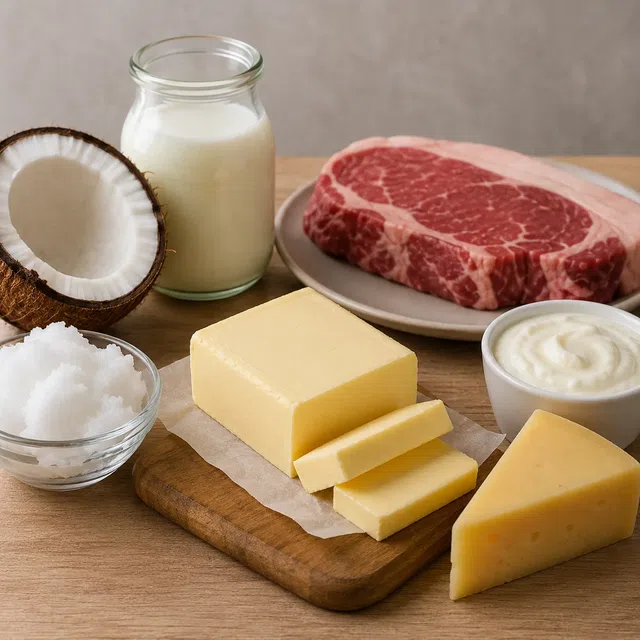 Mentega, keju, susu, lemak kelapa, dan daging berlemak sebagai contoh sumber lemak jenuh