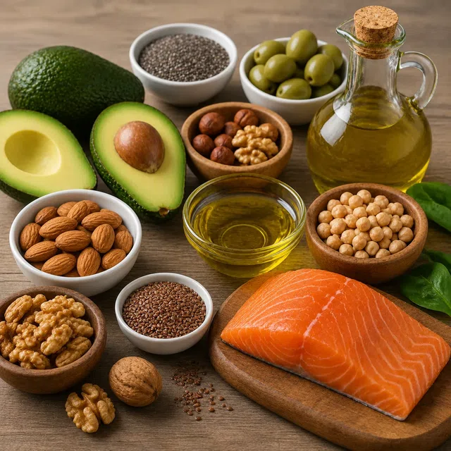 Avokado, zeytin, kuruyemişler, tohumlar, bitkisel yağlar ve somon doymamış yağ kaynaklarına örnek olarak