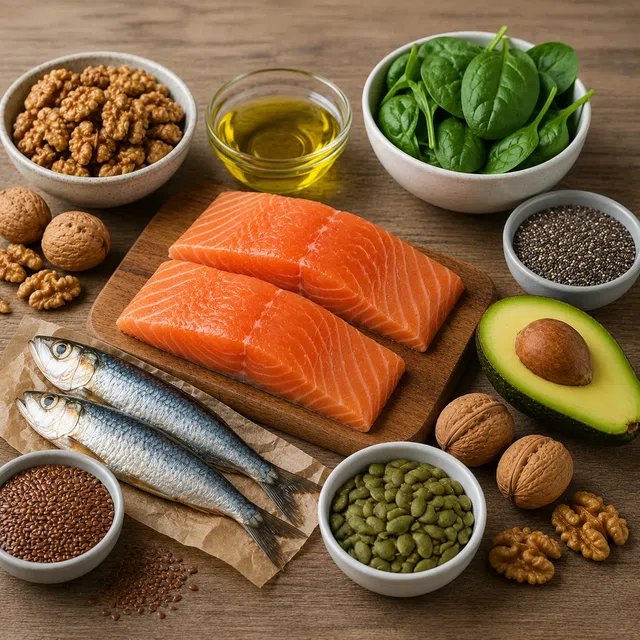 Salmon, ikan kecil, kenari, biji rami, biji chia, dan sayuran daun sebagai contoh sumber omega-3