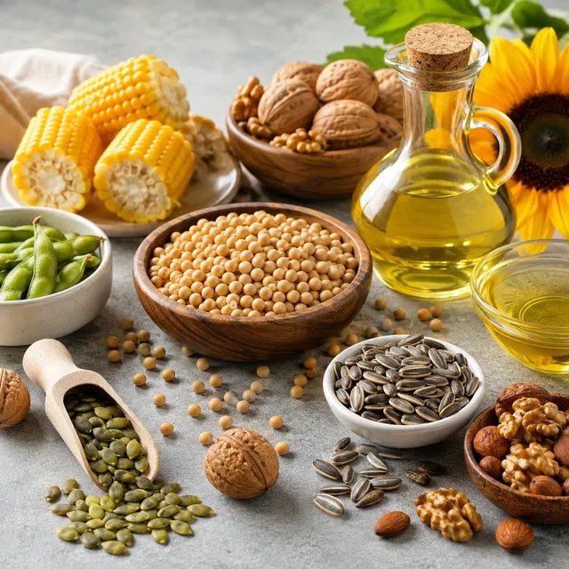 大豆、玉米、葵花籽油、葵花籽、坚果和种子作为Omega-6来源示例