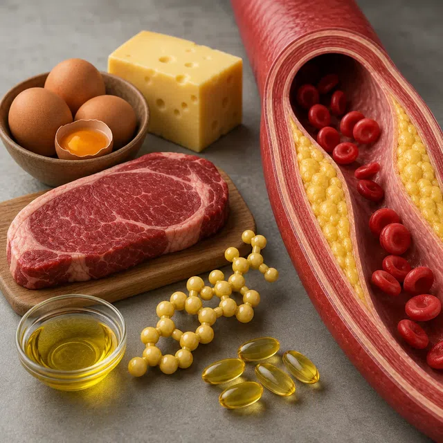 卵、チーズ、肉、油、コレステロールの模型、血管断面でコレステロールを表すイメージ