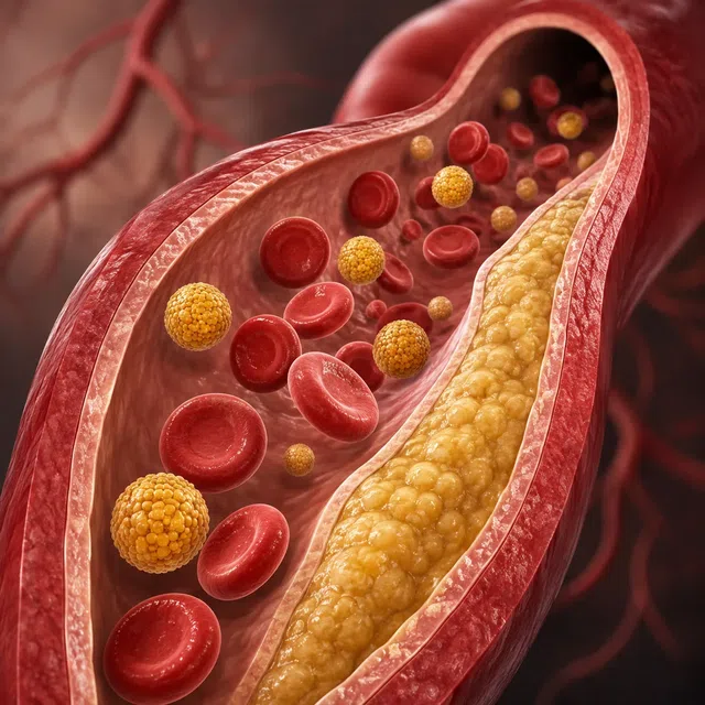 Kırmızı kan hücreleri, sarı lipoprotein parçacıkları ve plak içeren atardamar kesiti LDL kolesterolün simgesi olarak