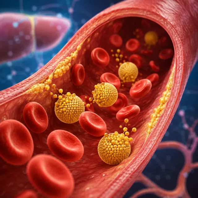 Pembuluh darah dengan sel darah merah, partikel lipoprotein, dan siluet hati sebagai simbol kolesterol HDL