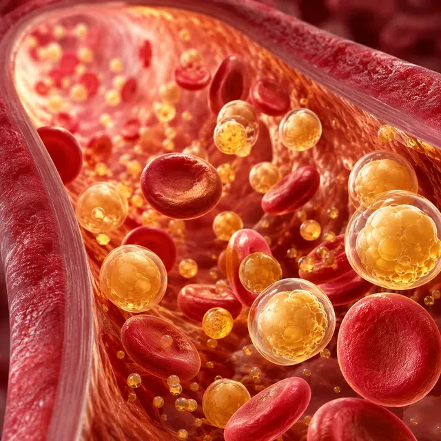 Blutgefäß mit roten Blutkörperchen und gelben Fetttröpfchen als Symbol für Triglyceride