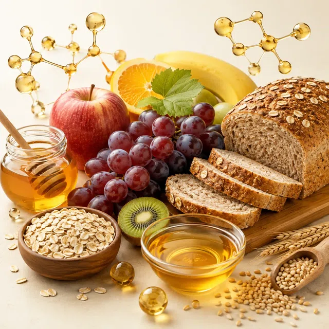 Obst, Honig, Haferflocken, Vollkornbrot und molekulare Modelle als Symbol für Glukose aus Kohlenhydraten