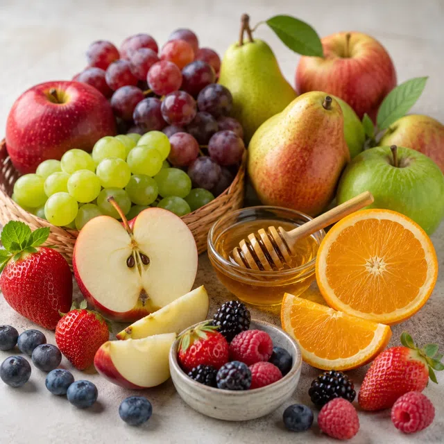 Verschiedene Früchte und Honig als natürliche Quellen von Fruktose