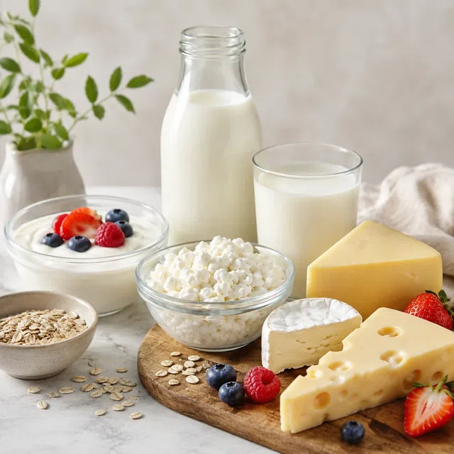 Milch, Joghurt, Hüttenkäse und Käse als Beispiele für laktosehaltige Milchprodukte