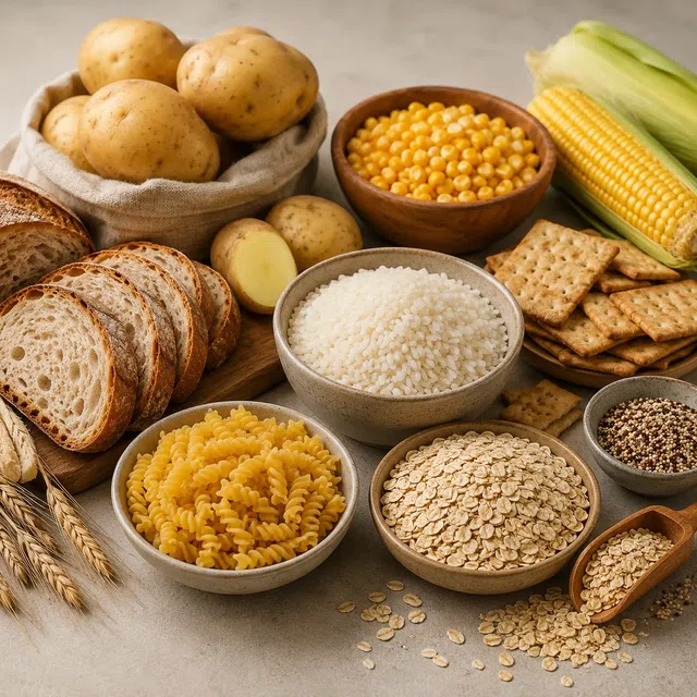 Batatas, milho, arroz, pão, macarrão e aveia como exemplos de alimentos ricos em amido